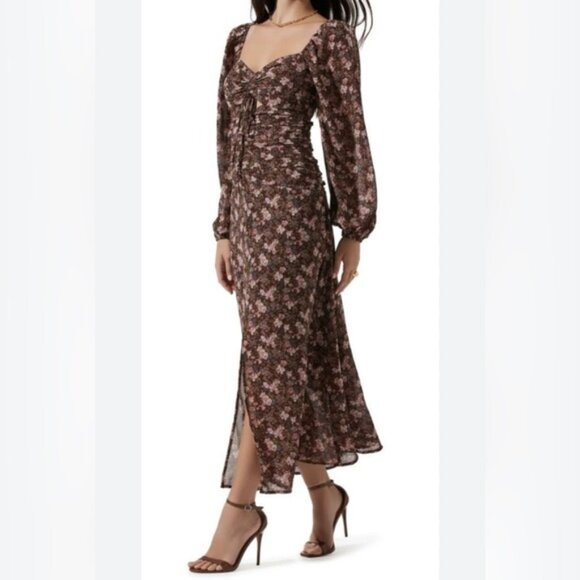 Astr the Label Women’s Brown Sweetheart Neck Long-Sleeve Midi Dress SZ Small N… - Picture 1 of 13